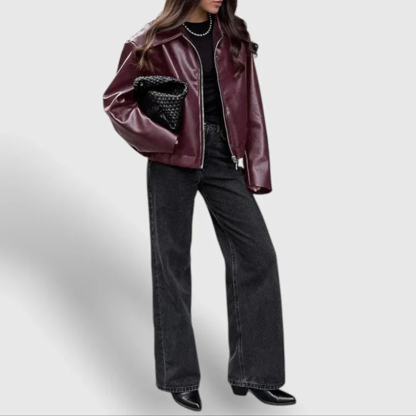 Damen Lederjacke mit Stehkragen und Reißverschluss 2