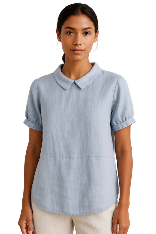 Damen Leinenbluse Kurzarm Bubikragen 1