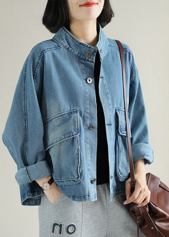 Damen Mantel Jeansstil mit Stehkragen und großen Taschen für Alltag und besondere Anlässe 2