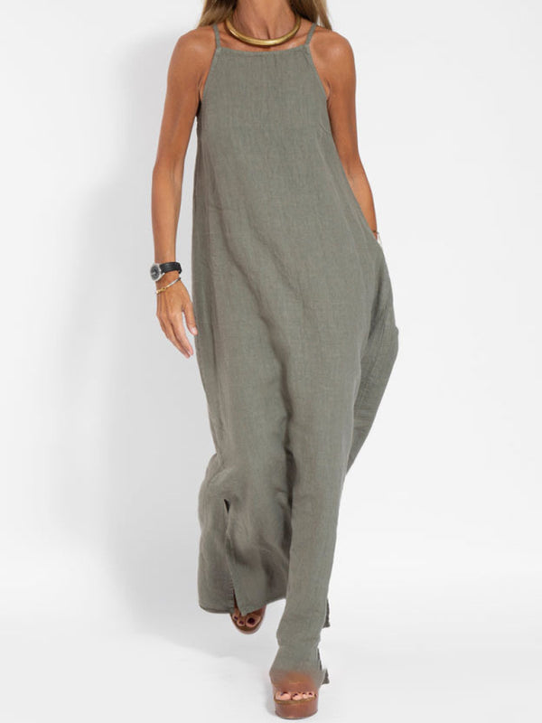 Damen Maxi Kleid Halter mit Seitenschlitz aus Baumwoll-Leinen-Mischung 5