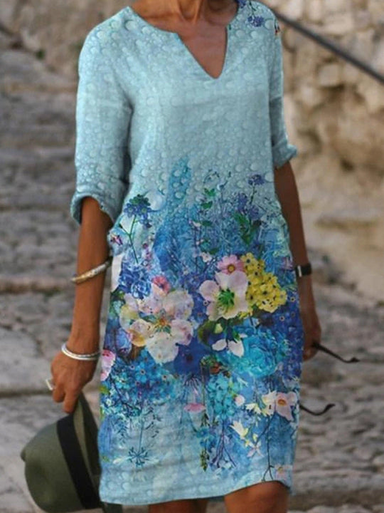 Damen Midi Kleid Blumenmuster Bequem Atmungsaktiv 2