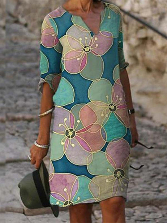 Damen Midi Kleid Blumenmuster Bequem Atmungsaktiv 6