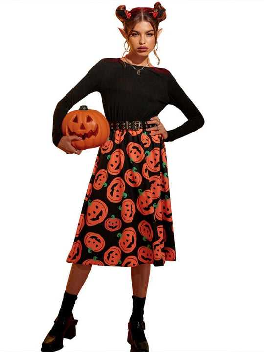 Damen Midi Kleid Kürbis Druck Hochwertiger Stoff 3