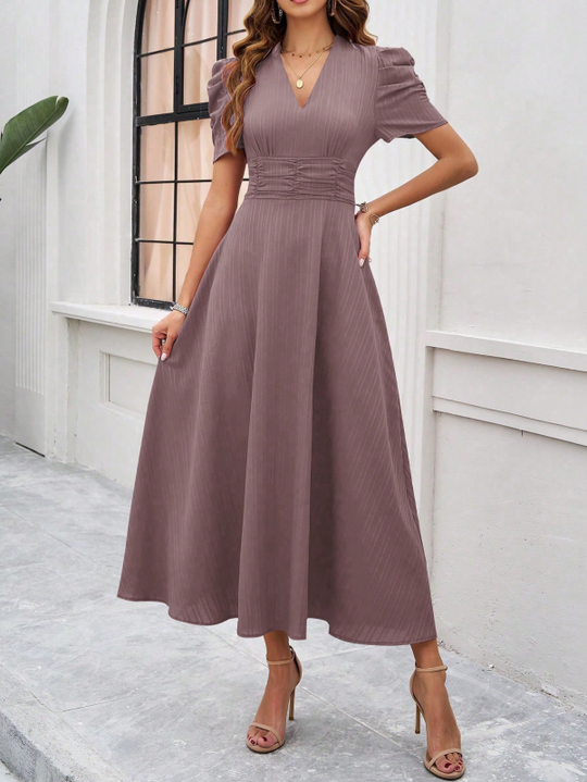 Damen Midi Kleid V-Ausschnitt Puffärmel A-Linie Hochwertiger Stoff 5