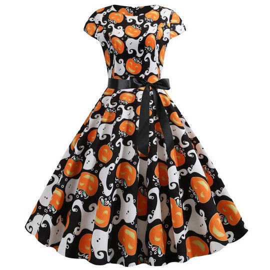 Damen Midi Kleid mit Geistern und Kürbissen Druck aus Hochwertigem Stoff 0