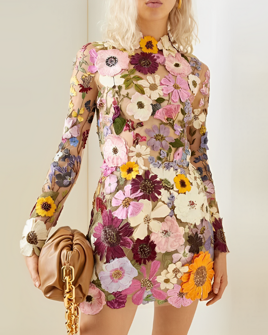 Damen Midi Kleid mit Hohem Kragen und Blumenmuster für Hochzeitsgast und Festliche Anlässe 0