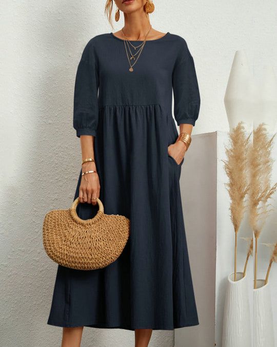 Damen Midikleid mit Rundhalsausschnitt und Laternenärmeln 4