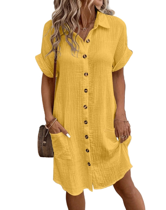 Damen Mini Kleid V-Ausschnitt Baumwolle Leinen für Sommerpartys und Freizeit 4