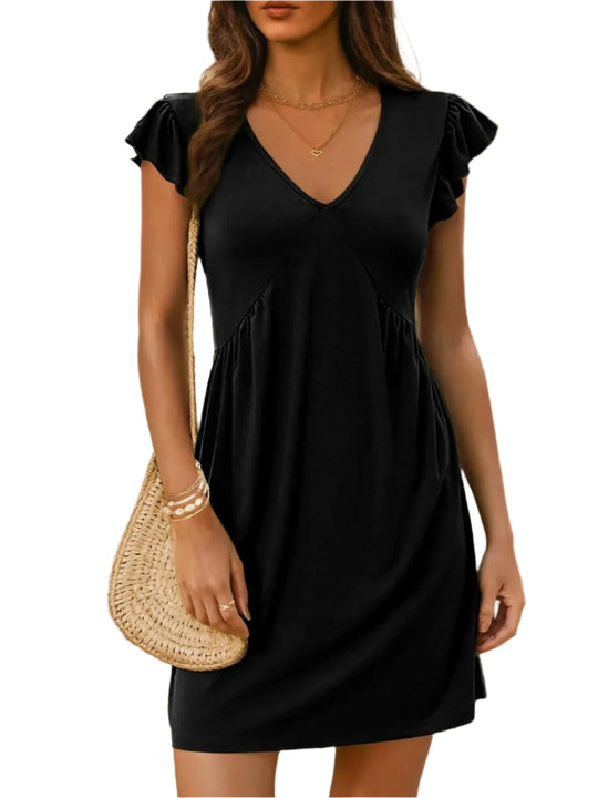 Damen Mini Kleid V-Ausschnitt Rüschenshulter 0