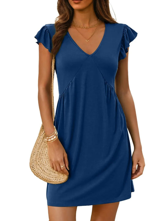 Damen Mini Kleid V-Ausschnitt Rüschenshulter 4