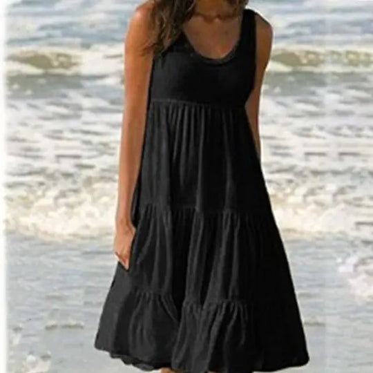 Damen Minikleid Ärmellos Rundhalsausschnitt 0