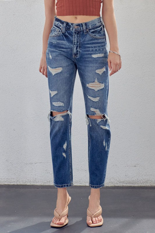 Damen Mom Fit Jeans Hochbund Denim 1