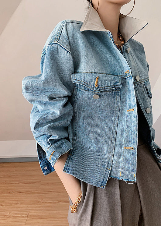 Damen Patchwork Jeansmantel mit Knopftaschen 1