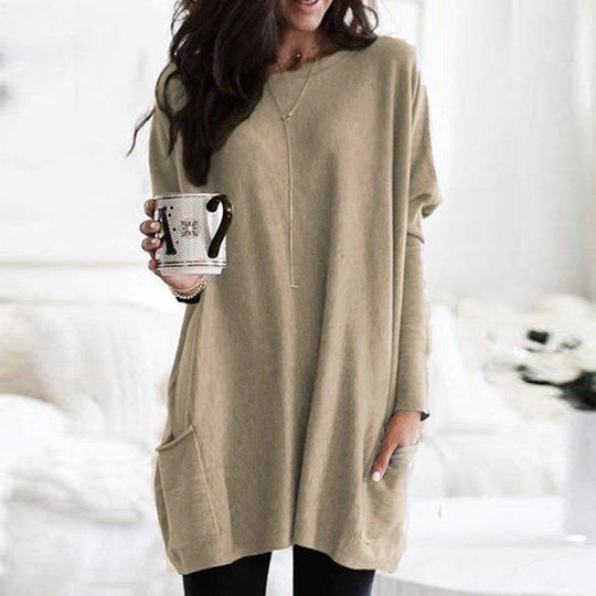 Damen Pullover Langarm Casual Baumwolle mit Taschen 4