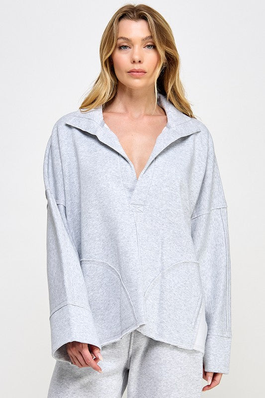 Damen Pullover V-Ausschnitt Dolman Ärmel Grau 1