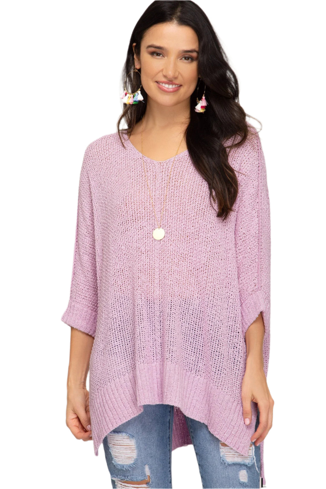 Damen Pullover mit 3/4 Ärmeln und Hi-Lo Schnitt aus Baumwolle 0
