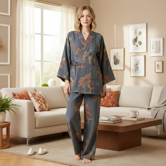Damen Pyjama Set Kimono Aquarell Design für Entspannte Nächte und Gemütliche Stunden 1