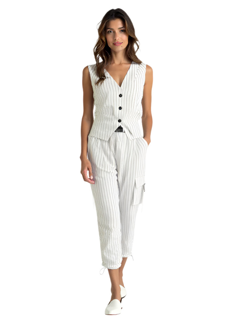 Damen Set Twin Set mit Gilet und Hose im Streifen-Design, Bequemer Stoff 0