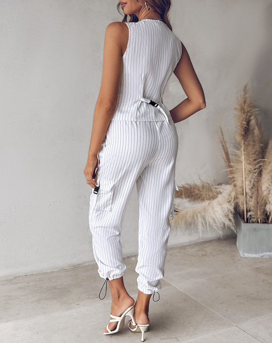 Damen Set Twin Set mit Gilet und Hose im Streifen-Design, Bequemer Stoff 7