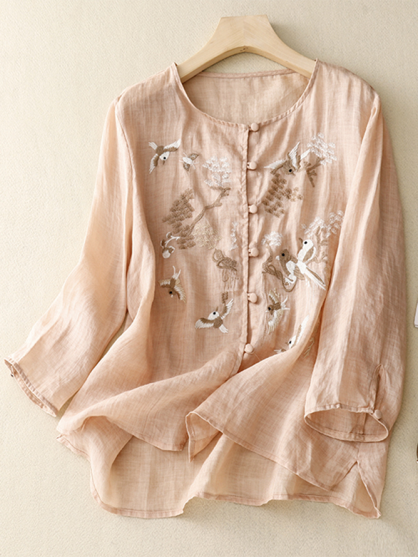 Damen Shirt Retro Rundhals Leinen mit Stickerei 6
