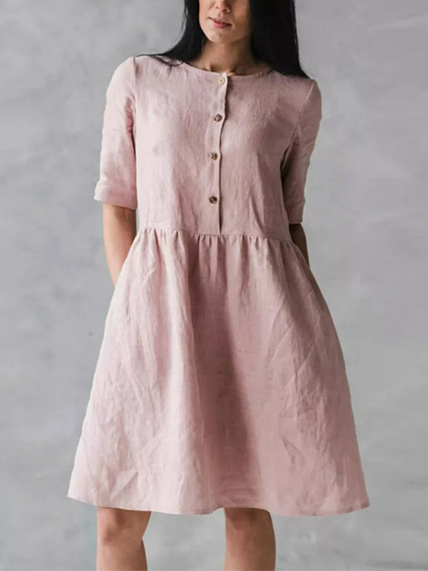 Damen Sommerkleid Rundhals Baumwolle Leinen Locker mit Taschen 3