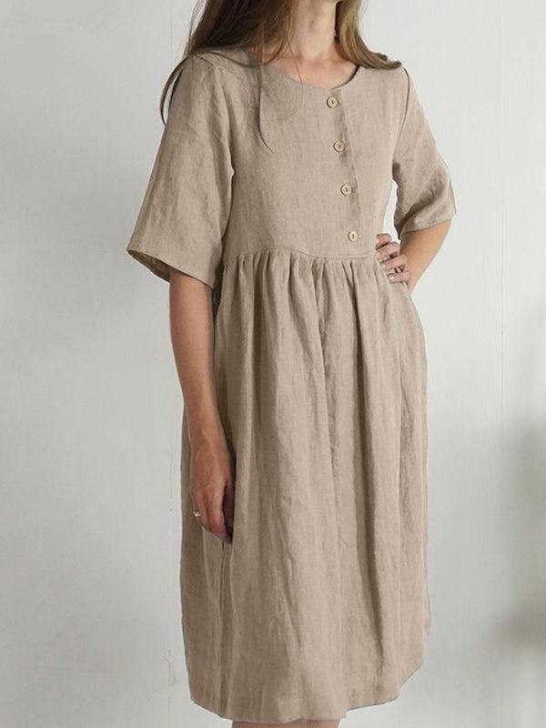Damen Sommerkleid Rundhals Baumwolle Leinen Locker mit Taschen 4