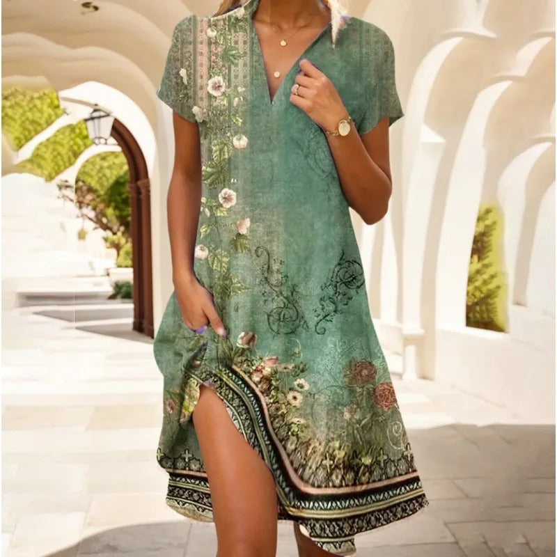 Damen Sommerkleid mit V-Ausschnitt und asymmetrischem Saum 2