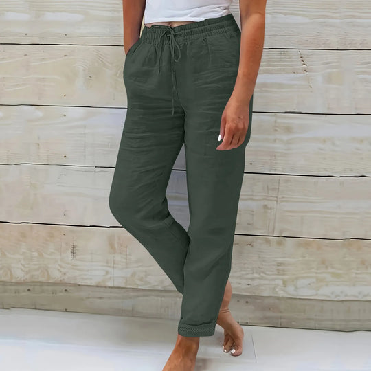 Damen Stoffhose Weit Baumwoll-Leinen Mischung mit Elastischem Bund 8