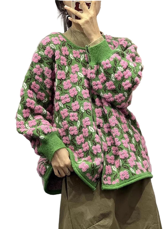 Damen Strickmantel Lang mit Blumenmuster und O-Ausschnitt 0