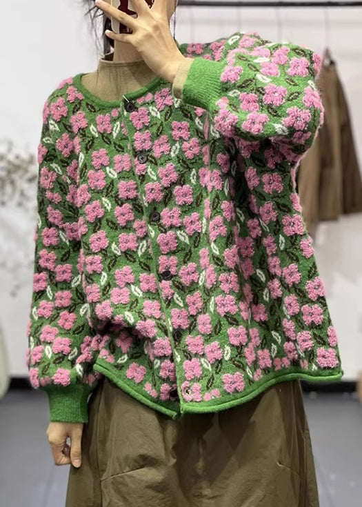Damen Strickmantel Lang mit Blumenmuster und O-Ausschnitt 1