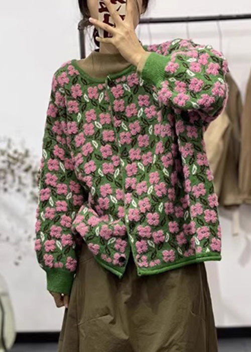 Damen Strickmantel Lang mit Blumenmuster und O-Ausschnitt 2