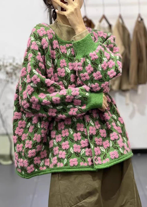 Damen Strickmantel Lang mit Blumenmuster und O-Ausschnitt 3