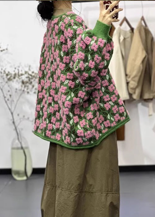 Damen Strickmantel Lang mit Blumenmuster und O-Ausschnitt 4
