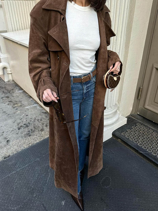 Damen Trenchcoat Midi mit Doppelkknopfleiste und Gürtel im Suède-Look 1