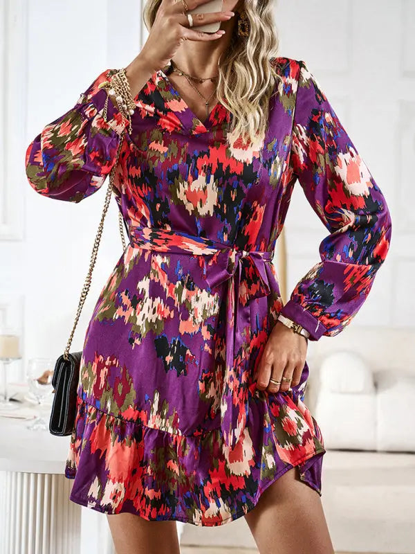 Damen V-Ausschnitt Druckkleid mit Gürtel 3