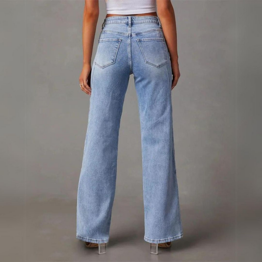 Damen Weite Beinform Hohe Taille Denim Jeans 3