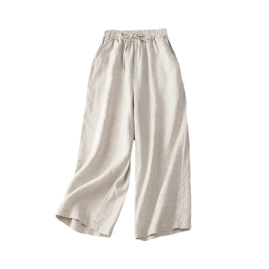 Damen Weite Beinform Hose mit Hohem Bund aus Baumwolle und Leinen 2