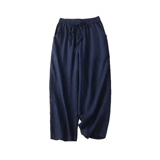 Damen Weite Beinform Hose mit Hohem Bund aus Baumwolle und Leinen 3
