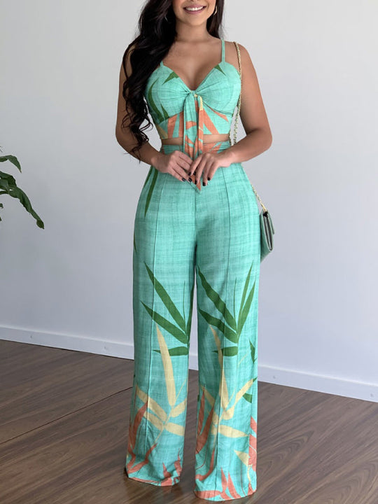 Damen Zweiteiler V-Ausschnitt Hohe Taille Bedruckte Weite Hose für Sommer 6