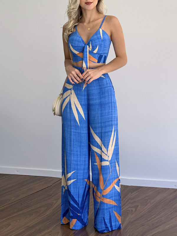 Damen Zweiteiler V-Ausschnitt Hohe Taille Bedruckte Weite Hose für Sommer 7