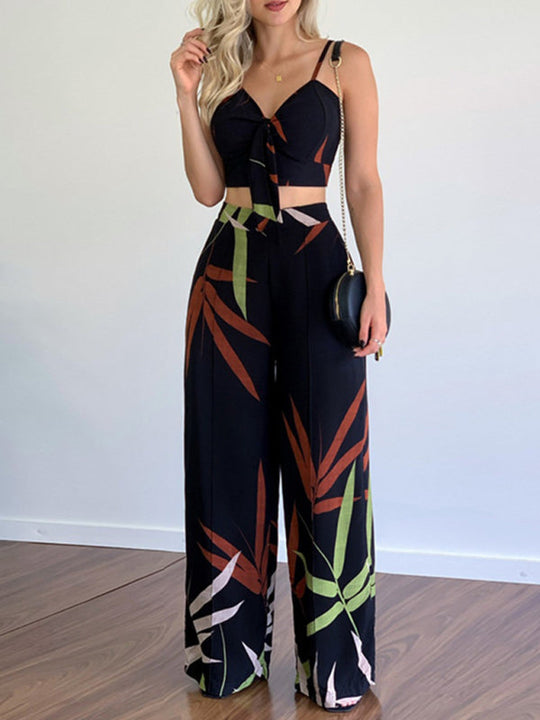 Damen Zweiteiler V-Ausschnitt Hohe Taille Bedruckte Weite Hose für Sommer 8