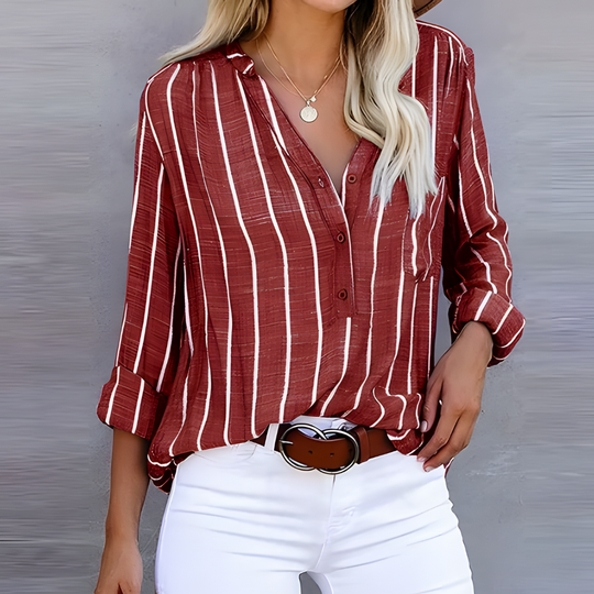 Damenbluse mit gestreiftem Design und Knotenverschluss 1