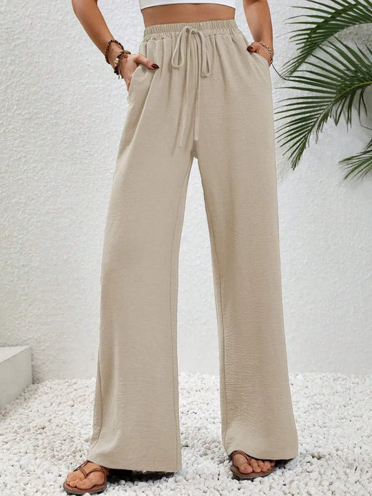 Damenhose Hohe Taille Gerade Beinform Baumwolle mit Taschen und Bindeband 2