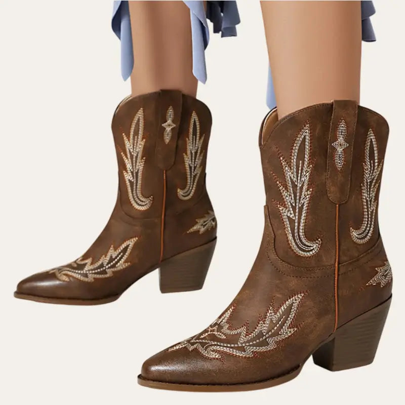 Damenstiefel Kurze Cowboylaarzen Imitationsleder mit Plüschfutter 2