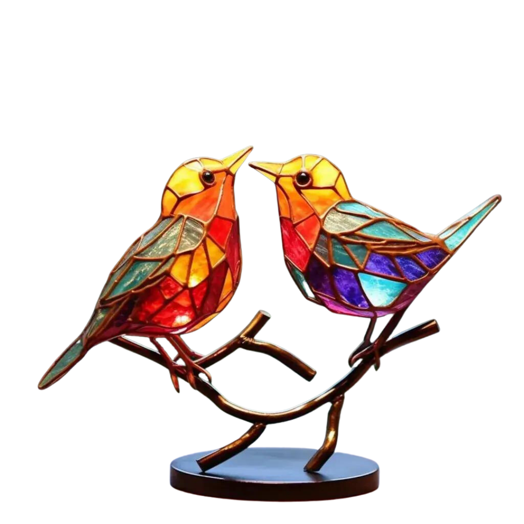 Dekorative Skulptur Bunte Vögel auf Zweig 1