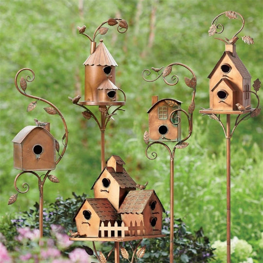 Dekorativer Vogelhaus-Gartenpfosten aus Metall für den Außenbereich 3
