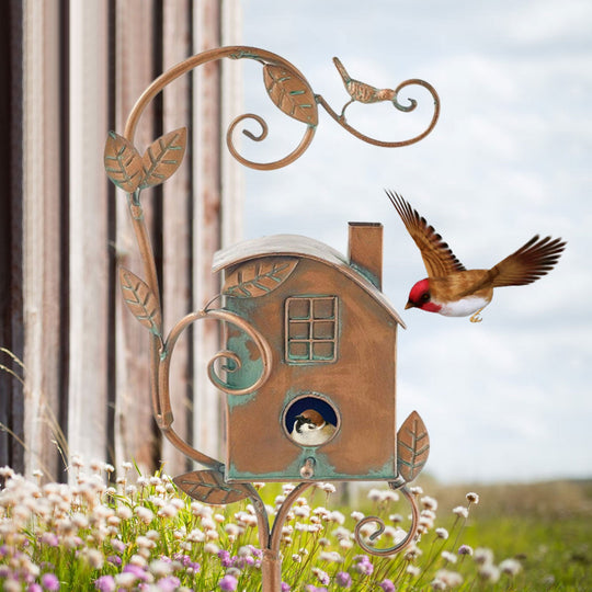 Dekorativer Vogelhaus-Gartenpfosten aus Metall für den Außenbereich 5