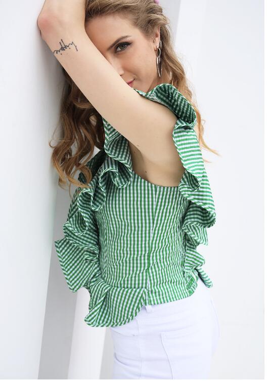 Eine Schulter Flounce Streifen Bluse