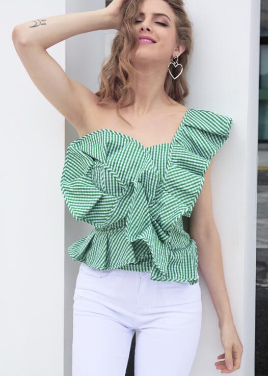Eine Schulter Flounce Streifen Bluse