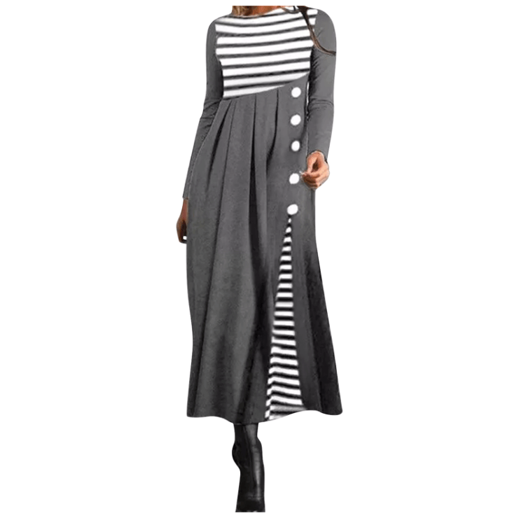 Gestreiftes Langärmeliges Patchwork-Kleid Für Damen